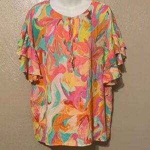 5. Cynthia Rowley 1X Multicolor Ruffle Sleeve Blouse